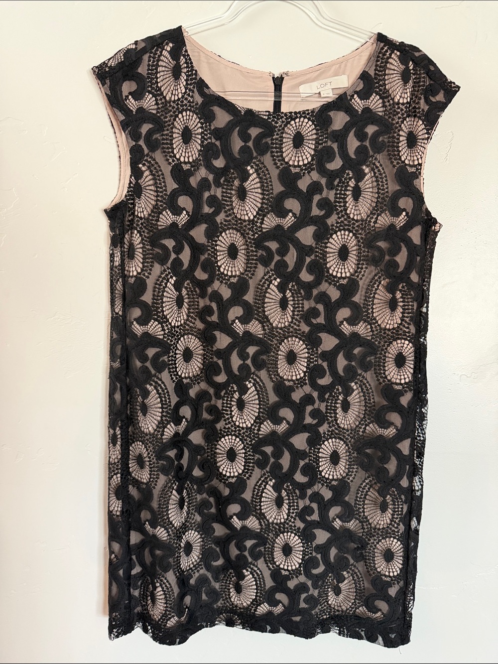LOFT Black Lace Overlay Midi Dress with Nude Lining Cocktail Dinner Dress